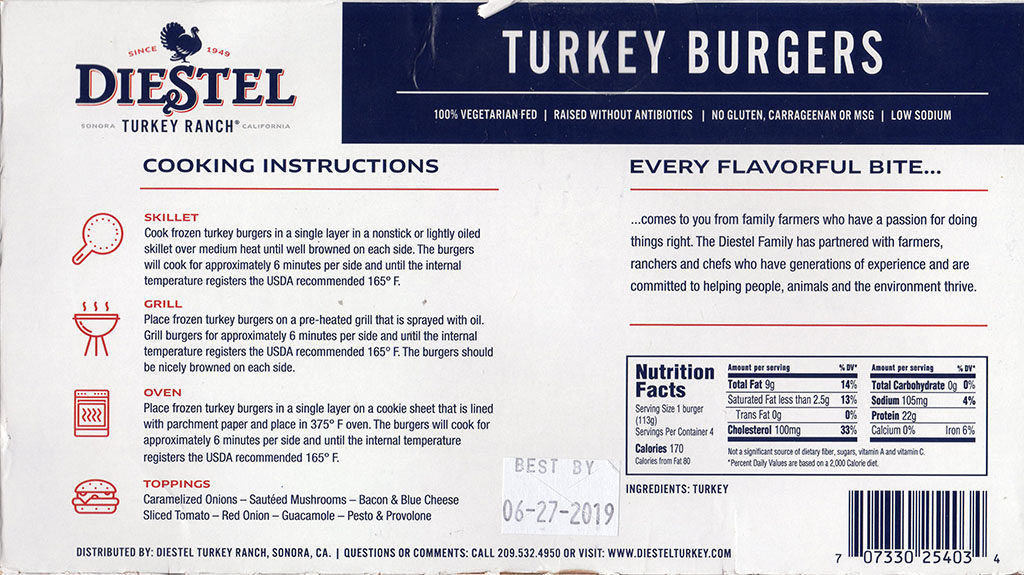 Diestel Turkey Burgers packaging back