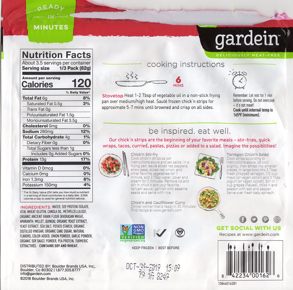 Gardein Meatless Chick'n Strips cooking instructions, ingredients